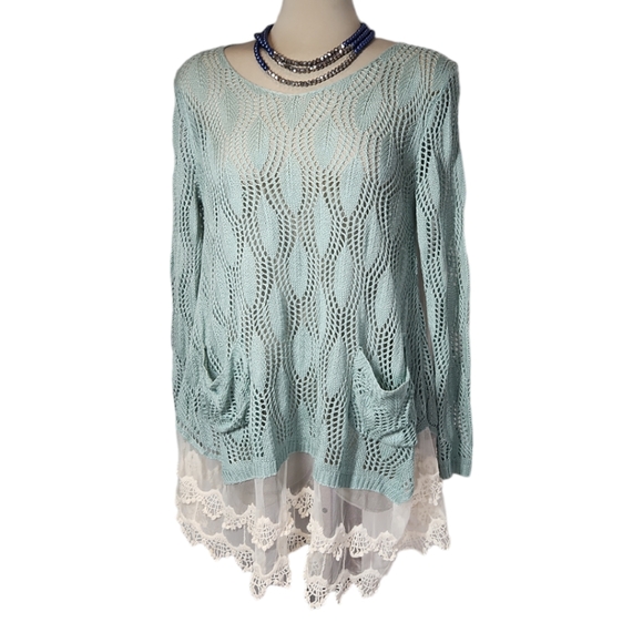 RYU Designer Over size Clear Green & White Lace Trimmed Sweter Size S/M - Picture 4 of 16